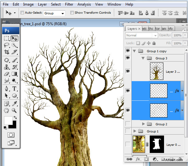 Golden apple tree. Magic scene. Adobe Photoshop Tutorial.